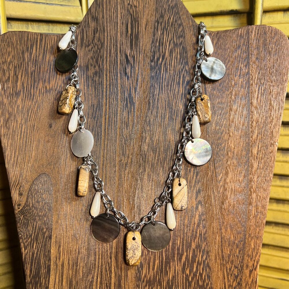 Genuine Picture Jasper and Mother of Pearl Silvertone Necklace by Lia Sophia